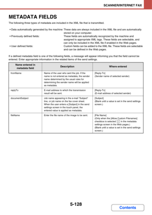 Page 5955-128
SCANNER/INTERNET FAX
Contents
METADATA FIELDS
The following three types of metadata are included in the XML file that is transmitted.
 Data automatically generated by the machine: These data are always included in the XML file and are automatically 
stored on your computer.
 Previously defined fields: These fields are automatically recognized by the machine and 
assigned to appropriate XML tags. These fields are selectable, and 
can only be included in the XML file if enabled in the Web pages....