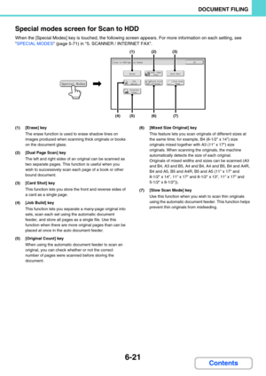 Page 6166-21
DOCUMENT FILING
Contents Special modes screen for Scan to HDD
When the [Special Modes] key is touched, the following screen appears. For more information on each setting, see 
SPECIAL MODES (page 5-71) in 5. SCANNER / INTERNET FAX.
(1) [Erase] key
The erase function is used to erase shadow lines on 
images produced when scanning thick originals or books 
on the document glass.
(2) [Dual Page Scan] key
The left and right sides of an original can be scanned as 
two separate pages. This function is...