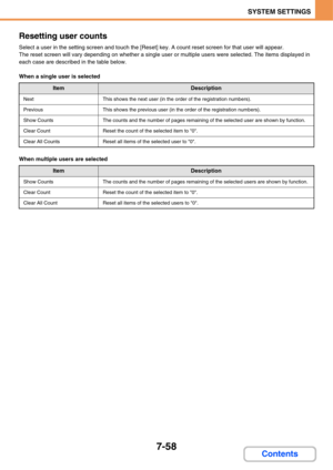 Page 7057-58
SYSTEM SETTINGS
Contents Resetting user counts
Select a user in the setting screen and touch the [Reset] key. A count reset screen for that user will appear.
The reset screen will vary depending on whether a single user or multiple users were selected. The items displayed in 
each case are described in the table below.
When a single user is selected
When multiple users are selected
ItemDescription
NextThis shows the next user (in the order of the registration numbers).
PreviousThis shows the...