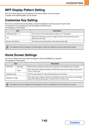 Page 7097-62
SYSTEM SETTINGS
Contents
MFP Display Pattern Setting
One of six colour patterns can be selected for the colour pattern in the touch panel.
A sample of the selected pattern can be viewed.
Customize Key Setting
Short-cuts to functions that are frequently used can be displayed in the base screen of each mode.
For information on customize keys, see the chapters for each function.
The settings are shown below.
Home Screen Settings
Use this to configure the home screen that appears when the [HOME] key is...