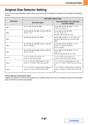 Page 7147-67
SYSTEM SETTINGS
Contents
Original Size Detector Setting
One of the 8 groups of standard original sizes shown below can be selected for detection by the original size detection 
function.
Cancel Detection at Document Glass
Original size detection on the document glass can be disabled. When this is done, all originals placed on the document 
glass are treated as special size originals.
Selections
Detectable original sizes
Document glassDocument feeder tray (automatic 
document feeder)
AB-1A3, A4, A4R,...