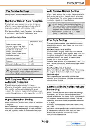 Page 7567-109
SYSTEM SETTINGS
Contents
Settings for fax reception can be configured.
Number of Calls in Auto Reception
This setting is used to select the number of rings on 
which the machine automatically receives a call and 
begins fax reception in auto reception mode. 
The Number of Calls in Auto Reception that can be set 
in each country are shown in the following table.
Country Differentiation Table
Switching from Manual to 
Automatic Reception
This setting can only be activated in France.
When a fax is...