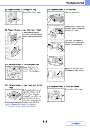 Page 7638-5
TROUBLESHOOTING
Contents
(8) Paper misfeed in the bypass tray
Remove the misfed paper.
(9) Paper misfeed in tray 1 to tray 4 (side)
The misfeed may have 
occurred inside the machine. 
Check carefully and remove 
it.
(10) Paper misfeed in the transport area
Lower the lever in the 
direction of the arrow to 
remove the misfed paper.
(11) Paper misfeed in tray 1 to tray 4 (in the 
tray)
Before pulling the tray out, 
open the right cover and 
check if there is a paper 
misfeed. If you pull the tray 
out...