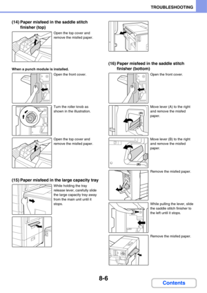 Page 7648-6
TROUBLESHOOTING
Contents
(14) Paper misfeed in the saddle stitch 
finisher (top)
Open the top cover and 
remove the misfed paper.
When a punch module is installed.
Open the front cover.
Turn the roller knob as 
shown in the illustration.
Open the top cover and 
remove the misfed paper.
(15) Paper misfeed in the large capacity tray
While holding the tray 
release lever, carefully slide 
the large capacity tray away 
from the main unit until it 
stops.
(16) Paper misfeed in the saddle stitch 
finisher...