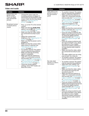 Page 6965
LC-32LB370U/LC-50LB370U Sharp 32"/50" LED TV
Video and audio
ProblemSolution
Picture does not 
fill the screen. 
There are black 
bars around the 
picture.• Change the aspect ratio. An 
increasing amount of digital TV 
and movies are presented in wide 
screen (16:9). See the View Mode 
option in “Adjusting the T V 
picture” on page44.
No picture (screen 
is not lit) and no 
sound.• Press   on the TV or the remote 
control.
• Make sure that the Audio Only 
option is set to Off. See “Playing 
TV...