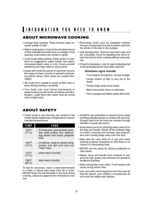 Page 97
SEC R220KW/K,230KW/K,209KK
ABOUT MICROWAVE COOKING
• Arrange food carefully. Place thickest areas to-
wards outside of dish.
• Watch cooking time. Cook for the shortest amount
of time indicated and add more as needed. Food
severely overcooked can smoke or ignite.
• Cover foods while cooking. Check recipe or cook-
book for suggestions: paper towels, wax paper,
microwave plastic wrap or a lid. Covers prevent
spattering and help foods to cook evenly.
• Shield with small flat pieces of aluminum foil any...