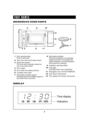 Page 108
SEC R220KW/K,230KW/K,209KK
8
7
10
45
3212
1 13
611
9
1Door opening button
Push to open door.
2Oven door with see-through window
3Safety door latches
The oven will not operate unless the
door is securely closed.
4Door hinges
5Door seals and sealing surfaces
6Turntable motor shaft
7Removable turntable support
Carefully place the turntable support in
the center of the oven floor.8Removable turntable
Place the turntable on the turntable
support securely. The turntable will
rotate clockwise or...
