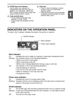 Page 61
6
INDICATORS ON THE OPERATION PANEL
The start ( ) indicator indicates the state of the printer or scanner.
Start indicator
On: Indicates the unit is ready for copying or scanning is being performed.
Blinking: The indicator blinks in the following situations:
 When a print job is interrupted.
 When reserving a copy job.
 When toner is being replenished during a copy or print job.
Off: The indicator is off in the following situations:
 During copying or scanning.
 The unit is in the auto power shut-off...