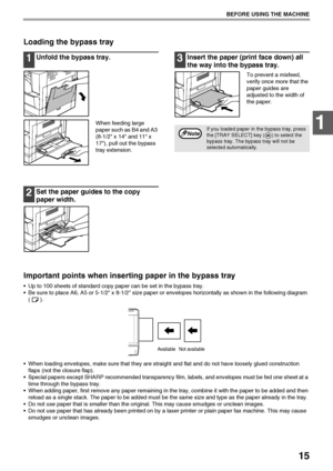 Page 1715
BEFORE USING THE MACHINE
1
Loading the bypass tray
1Unfold the bypass tray.
When feeding large 
paper such as B4 and A3 
(8-1/2 x 14 and 11 x 
17), pull out the bypass 
tray extension.
2Set the paper guides to the copy 
paper width.
3Insert the paper (print face down) all 
the way into the bypass tray.
To prevent a misfeed, 
verify once more that the 
paper guides are 
adjusted to the width of 
the paper.
Important points when inserting paper in the bypass tray
Up to 100 sheets of standard copy paper...