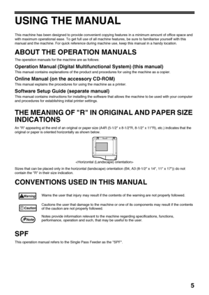 Page 75
USING THE MANUAL
This machine has been designed to provide convenient copying features in a minimum amount of office space and 
with maximum operational ease. To get full use of all machine features, be sure to familiarise yourself with this 
manual and the machine. For quick reference during machine use, keep this manual in a handy location.
ABOUT THE OPERATION MANUALS
The operation manuals for the machine are as follows:
Operation Manual (Digital Multifunctional System) (this manual)
This manual...