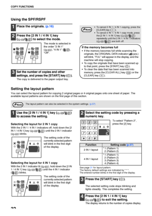 Page 3432
COPY FUNCTIONS
Using the SPF/RSPF
1Place the originals. (p.16)
2Press the [2 IN 1 / 4 IN 1] key 
( / ) to select the mode.
The mode is selected in 
the order 2 IN 1 
( ), 4 IN 1 ( ), 
Off.
3Set the number of copies and other 
settings, and press the [START] key ( ).
The copy is delivered to the paper output tray.
If the memory becomes full
 If the memory becomes full while scanning the 
originals, the ORIGINAL DATA indicator ( ) 
will blink, FUL will appear in the display, and the 
machine will stop...