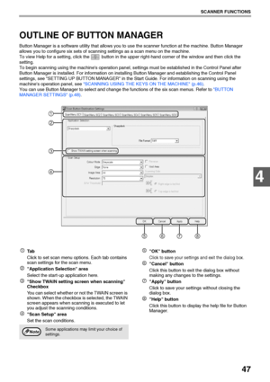 Page 4947
SCANNER FUNCTIONS
4
OUTLINE OF BUTTON MANAGER
Button Manager is a software utility that allows you to use the scanner function at the machine. Button Manager 
allows you to configure six sets of scanning settings as a scan menu on the machine.
To view Help for a setting, click the   button in the upper right-hand corner of the window and then click the 
setting.
To begin scanning using the machines operation panel, settings must be established in the Control Panel after 
Button Manager is installed....