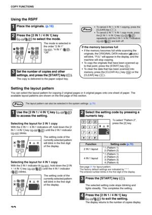 Page 3432
COPY FUNCTIONS
Using the RSPF
1Place the originals. (p.16)
2Press the [2 IN 1 / 4 IN 1] key 
( / ) to select the mode.
The mode is selected in 
the order 2 IN 1 
( ), 4 IN 1 ( ), 
Off.
3Set the number of copies and other 
settings, and press the [START] key ( ).
The copy is delivered to the paper output tray.
If the memory becomes full
 If the memory becomes full while scanning the 
originals, the ORIGINAL DATA indicator ( ) 
will blink, FUL will appear in the display, and the 
machine will stop...