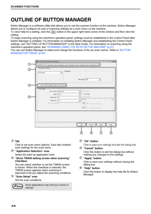 Page 5048
SCANNER FUNCTIONS
OUTLINE OF BUTTON MANAGER
Button Manager is a software utility that allows you to use the scanner function at the machine. Button Manager 
allows you to configure six sets of scanning settings as a scan menu on the machine.
To view Help for a setting, click the   button in the upper right-hand corner of the window and then click the 
setting.
To begin scanning using the machines operation panel, settings must be established in the Control Panel after 
Button Manager is installed. For...