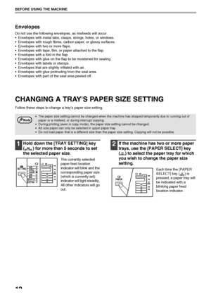 Page 1412
BEFORE USING THE MACHINE
Envelopes
Do not use the following envelopes, as misfeeds will occur.
 Envelopes with metal tabs, clasps, strings, holes, or windows.
 Envelopes with rough fibres, carbon paper, or glossy surfaces.
 Envelopes with two or more flaps.
 Envelopes with tape, film, or paper attached to the flap.
 Envelopes with a fold in the flap.
 Envelopes with glue on the flap to be moistened for sealing.
 Envelopes with labels or stamps.
 Envelopes that are slightly inflated with air....