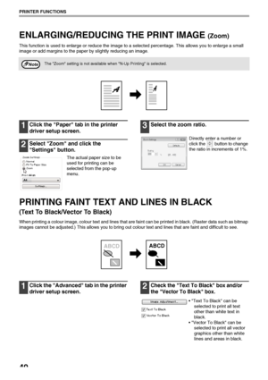 Page 4240
PRINTER FUNCTIONS
ENLARGING/REDUCING THE PRINT IMAGE (Zoom)
This function is used to enlarge or reduce the image to a selected percentage. This allows you to enlarge a small 
image or add margins to the paper by slightly reducing an image.
1Click the Paper tab in the printer 
driver setup screen.
2Select Zoom and click the 
Settings button.
The actual paper size to be 
used for printing can be 
selected from the pop-up 
menu.
3Select the zoom ratio.
Directly enter a number or 
click the   button to...