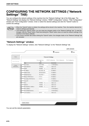 Page 6260
USER SETTINGS
CONFIGURING THE NETWORK SETTINGS (Network 
Settings TAB)
You can configure the network settings of the machine from the Network Settings tab of the Web page. The 
Network Settings tab displays the Network Settings window, SNMP Configuration window, Filter Configuration 
window and Port Configuration window. Enter or select the desired settings and click the Submit button to 
confirm the settings.
Network Settings window
To display the Network Settings window, click Network Settings on...