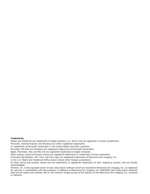Page 19Trademarks
Adobe and PostScript are trademarks of Adobe Systems, Inc. Which may be registered in certain jurisdictions.
Microsoft, Internet Explorer and Windows are either registered trademarks
or trademarks of Microsoft Corporation in the United States and other countries.
Microsoft, MS-DOS and Windows are registered trademarks of Microsoft Corporation.
Apple, Macintosh, Mac and Mac OS are registered trademarks of Apple Computer.
Other product names and brand names are registered trademarks or...