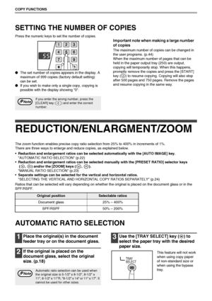 Page 2422
COPY FUNCTIONS
SETTING THE NUMBER OF COPIES
Press the numeric keys to set the number of copies.
●The set number of copies appears in the display. A 
maximum of 999 copies (factory default setting) 
can be set.
●If you wish to make only a single copy, copying is 
possible with the display showing 0.
Important note when making a large number 
of copies
The maximum number of copies can be changed in 
the user programs. (p.44)
When the maximum number of pages that can be 
held in the paper output tray...