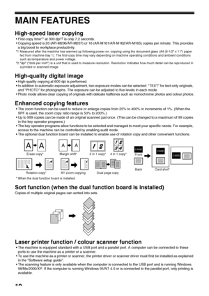 Page 1210
MAIN FEATURES
High-speed laser copying
First-copy time*1 at 300 dpi*2 is only 7.2 seconds.
Copying speed is 20 (AR-M206/AR-M207) or 16 (AR-M161/AR-M162/AR-M165) copies per minute. This provides 
a big boost to workplace productivity.
*1 Measured after the machine has warmed up following power-on, copying using the document glass (A4 (8-1/2 x 11) paper 
fed from machine tray 1). The first-copy time may vary depending on machine operating conditions and ambient conditions 
such as temperature and...