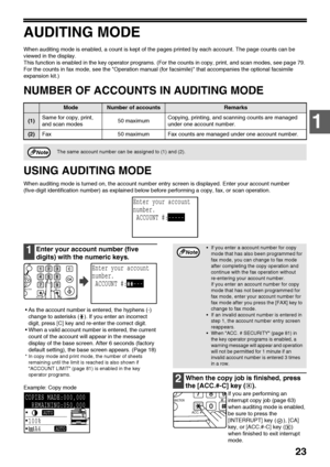 Page 2523
1
AUDITING MODE
When auditing mode is enabled, a count is kept of the pages printed by each account. The page counts can be 
viewed in the display.
This function is enabled in the key operator programs. (For the counts in copy, print, and scan modes, see page 79. 
For the counts in fax mode, see the Operation manual (for facsimile) that accompanies the optional facsimile 
expansion kit.)
NUMBER OF ACCOUNTS IN AUDITING MODE
USING AUDITING MODE
When auditing mode is turned on, the account number entry...