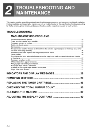 Page 2624
2
TROUBLESHOOTING AND 
MAINTENANCE
This chapter explains general troubleshooting and maintenance procedures such as removing misfeeds, replacing 
the toner cartridge, and cleaning the machine, as well as troubleshooting for the copy function. For troubleshooting 
for the fax function, printer function, and scanner function, see the respective manuals for each function.
TROUBLESHOOTING
MACHINE/COPYING PROBLEMS
The machine does not operate....