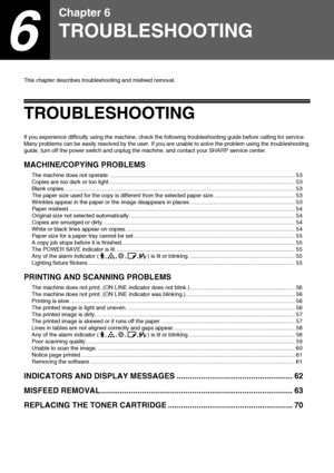 Page 5452
6
Chapter 6
TROUBLESHOOTING
This chapter describes troubleshooting and misfeed removal.
TROUBLESHOOTING
If you experience difficulty using the machine, check the following troubleshooting guide before calling for service. 
Many problems can be easily resolved by the user. If you are unable to solve the problem using the troubleshooting 
guide, turn off the power switch and unplug the machine, and contact your SHARP service center.
MACHINE/COPYING PROBLEMS
The machine does not operate....