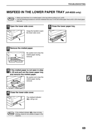 Page 7169
TROUBLESHOOTING
6
MISFEED IN THE LOWER PAPER TRAY (AR-M205 only)
1Open the lower side cover.
Grasp the handle to open 
the lower side cover.
2Remove the misfed paper.
Be careful not to tear the 
misfed paper during 
removal.
3If the misfed paper is not seen in step 
2, lift and pull out the lower paper tray 
and remove the misfed paper.
Be careful not to tear the 
misfed paper during 
removal.
4Close the lower side cover.
The misfeed indicator 
( ) will go out.
5Close the lower paper tray.
 Make sure...