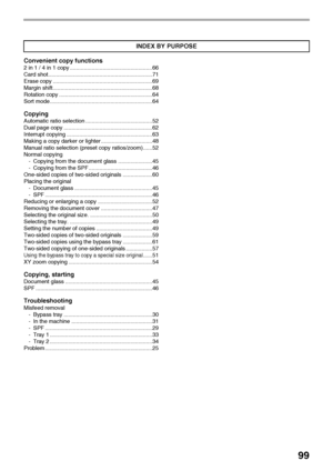 Page 10199
Convenient copy functions
2 in 1 / 4 in 1 copy .....................................................66
Card shot...................................................................71
Erase copy ................................................................69
Margin shift................................................................68
Rotation copy ............................................................64
Sort mode..................................................................64
Copying...