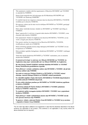 Page 107The CE mark logo label is affixed on an equipment in case that the directives described in the above 
sentence are applicable to the product. (This sentence is not applicable in any country where the 
above directives are not required.)
This equipment complies with the requirements of Directives 89/336/EEC and 73/23/EEC 
as amended by 93/68/EEC.
Dieses Gerät entspricht den Anforderungen der EG-Richtlinien 89/336/EWG und 
73/23/EWG mit Änderung 93/68/EWG.
Ce matériel répond aux exigences contenues dans...