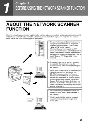 Page 53
1
Chapter 1
BEFORE USING THE NETWORK SCANNER FUNCTION
ABOUT THE NETWORK SCANNER 
FUNCTION
When the network scanner function is added to the machine, a document or photo can be scanned into an image file 
and sent over a network or the Internet to a file server, e-mail destination, or your own computer. The scanned 
image can be sent to the following types of destinations:
1. The scanned image can be sent to a memory 
storage device on a network (a designated 
directory on an FTP server). (This is...