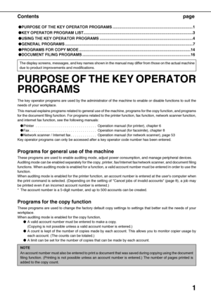 Page 31
Contents page
PURPOSE OF THE KEY OPERATOR PROGRAMS ..........................................................................1
KEY OPERATOR PROGRAM LIST.....................................................................................................3
USING THE KEY OPERATOR PROGRAMS ......................................................................................4
GENERAL PROGRAMS...