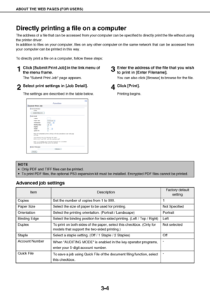 Page 29ABOUT THE WEB PAGES (FOR USERS)
3-4
Directly printing a file on a computer
The address of a file that can be accessed from your computer can be specified to directly print the file without using
the printer driver.
In addition to files on your computer, files on any other computer on the same network that can be accessed from
your computer can be printed in this way.
To directly print a file on a computer, follow these steps:
1Click [Submit Print Job] in the link menu of
the menu frame.
The Submit Print...