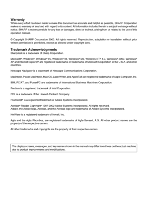 Page 2Warranty
While every effort has been made to make this document as accurate and helpful as possible, SHARP Corporation
makes no warranty of any kind with regard to its content. All information included herein is subject to change without
notice. SHARP is not responsible for any loss or damages, direct or indirect, arising from or related to the use of this
operation manual. 
© Copyright SHARP Corporation 2003. All rights reserved. Reproduction, adaptation or translation without prior
written permission...