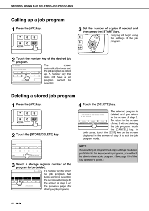 Page 128STORING, USING AND DELETING JOB PROGRAMS
5-32
Calling up a job program
1Press the [#/P] key.
2Touch the number key of the desired job
program.
The screen
automatically closes and
the job program is called
up. A number key that
does not have a job
program cannot be
selected.
3Set the number of copies if needed and
then press the [START] key.
Copying will begin using
the settings of the job
program.
Deleting a stored job program
1Press the [#/P] key.
2Touch the [STORE/DELETE] key.
3Select a storage...