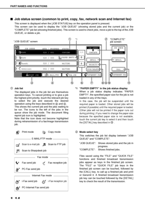 Page 24PART NAMES AND FUNCTIONS
1-14

 Job status screen (common to print, copy, fax, network scan and Internet fax)
This screen is displayed when the [JOB STATUS] key on the operation panel is pressed.
This screen can be used to display the JOB QUEUE (showing stored jobs and the current job) or the
COMPLETE job list (showing finished jobs). This screen is used to check jobs, move a job to the top of the JOB
QUEUE, or delete a job.
Job list
The displayed jobs in the job list are themselves
operation keys....