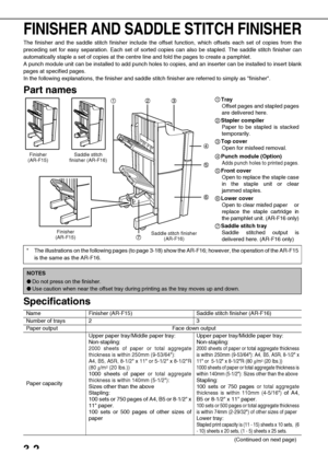 Page 583-2
FINISHER AND SADDLE STITCH FINISHER
The finisher and the saddle stitch finisher include the offset function, which offsets each set of copies from the
preceding set for easy separation. Each set of sorted copies can also be stapled. The saddle stitch finisher can
automatically staple a set of copies at the centre line and fold the pages to create a pamphlet.
A punch module unit can be installed to add punch holes to copies, and an inserter can be installed to insert blank
pages at specified pages.
In...