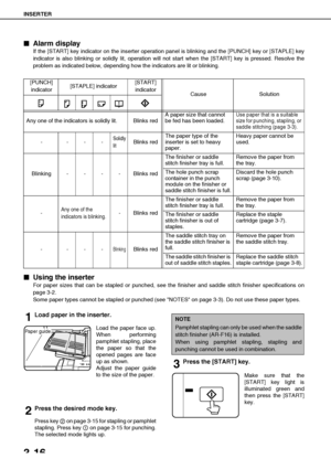 Page 72INSERTER
3-16

 Alarm display
If the [START] key indicator on the inserter operation panel is blinking and the [PUNCH] key or [STAPLE] key
indicator is also blinking or solidly lit, operation will not start when the [START] key is pressed. Resolve the
problem as indicated below, depending how the indicators are lit or blinking.

 Using the inserter
For paper sizes that can be stapled or punched, see the finisher and saddle stitch finisher specifications on
page 3-2.
Some paper types cannot be...