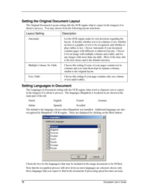 Page 84  
Setting the Original Document Layout 
The Original Document Layout setting tells the OCR engine what to expect in the image(s) it is 
about to process.  You may choose from the following layout selections: \
Layout Setting Description 
Automatic Let the OCR engine make its own decisions regarding the 
layout.  It decides whether text is in columns or not, whether 
an item is a graphic or text to be recognized, and whether to 
place tables or not.  Choose Automatic if your document 
contains pages...