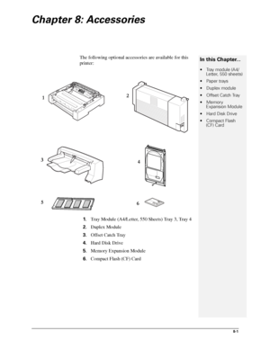 Page 898-1
Chapter 8: Accessories
The following optional accessories are available for this 
printer:
1.Tray Module (A4/Letter, 550 Sheets) Tray 3, Tray 4
2.Duplex Module
3.Offset Catch Tray
4.Hard Disk Drive
5.Memory Expansion Module
6.Compact Flash (CF) Card
12
3
4
56
In this Chapter...
 Tray module (A4/
Letter, 550 sheets) 
 Paper trays 
 Duplex module 
 Offset Catch Tray 
 Memory 
Expansion Module 
 Hard Disk Drive 
 Compact Flash 
(CF) Card 
Downloaded From ManualsPrinter.com Manuals 