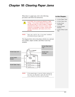 Page 12310 -1
Chapter 10: Clearing Paper Jams
When there is a paper jam, refer to the following 
procedures and follow the instructions.
NOTE:Paper jams could be due to the printer installation
environment and type of paper used. 
The diagram below shows the printer with the two optional 
tray modules, duplex module, and Offset Catch Tray 
installed. 
NOTE:If the jammed paper is removed without opening the
top cover, you still need to open and close the top
cover. Doing this will remove the error message....