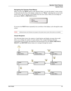 Page 29User’s Guide3-3
Operator Panel Features
Operator Panel
Navigating the Operator Panel Menus
When you press the MENU button on the Operator Panel, you enter the printer’s menu system. 
At that point, the first line of the display contains the text “Menu”, indicating that you are in the 
menu system. The second line of the display lists the active menu, which you can change by 
pressing the NEXT or PREVIOUS buttons. 
If you press the NEXT button repeatedly, the second line of the display cycles through the...