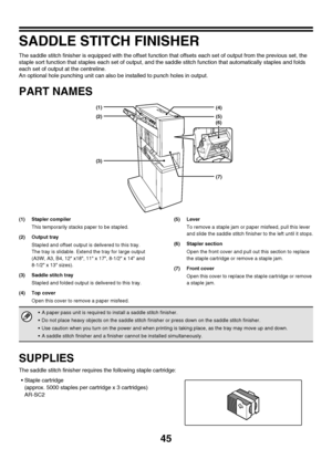 Page 4645
SADDLE STITCH FINISHER
The saddle stitch finisher is equipped with the offset function that offsets each set of output from the previous set, the 
staple sort function that staples each set of output, and the saddle stitch function that automatically staples and folds 
each set of output at the centreline.
An optional hole punching unit can also be installed to punch holes in output.
PART NAMES
(1) Stapler compiler
This temporarily stacks paper to be stapled.
(2) Output tray
Stapled and offset output...