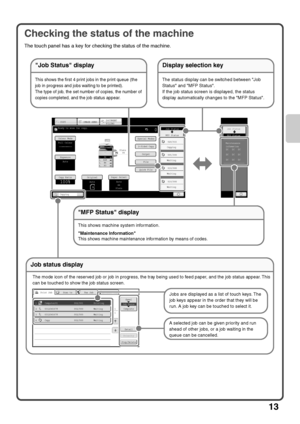 Page 1513
Checking the status of the machine
The touch panel has a key for checking the status of the machine.
Colour ModeSpecial Modes
Plain2-Sided Copy
Output
File
Quick File
Copy Ratio
Copying
100%
1.A42.A4R3.B44.A3
OriginalPaper SelectAuto
A4
PlainAuto
A4
Full Colour
ExposureAuto
A4
IMAGE SENDDOCUMENT
FILING COPY
Ready to scan for copy.0Job Status
MFP Status
020/015
005/000
010/000
010/000
Copying
Waiting
Waiting
Waiting
Job Status
MFP Status
DC
DC
DC
DC
DC
DC
DC
DC
DC
Maintenance
infomation
Job status...