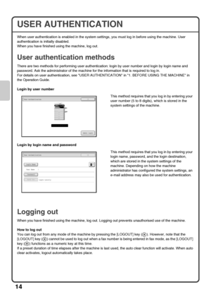 Page 1614
USER AUTHENTICATION
When user authentication is enabled in the system settings, you must log in before using the machine. User 
authentication is initially disabled.
When you have finished using the machine, log out.
User authentication methods
There are two methods for performing user authentication: login by user number and login by login name and 
password. Ask the administrator of the machine for the information that is required to log in.
For details on user authentication, see USER...