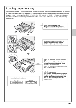 Page 21
19
Loading paper in a tray
To change the paper in a tray, load the desired paper in the tray and then change the tray settings in the machine 
to specify the loaded paper. The procedure for changing the tray paper size is explained below. As an example, 
the paper in tray 1 is changed from B4 (8-1/2 x 14) size plain paper to A4 (8-1/2 x 11) size recycled paper.
Tray 3 and tray 4 can automatically detect the size of th e loaded paper. In this case, the tray settings change 
automatically.
Do not load as...