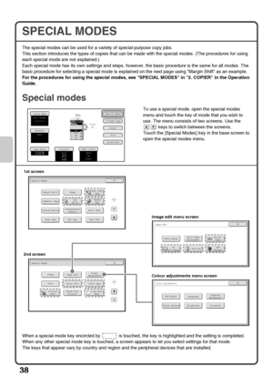 Page 4038
SPECIAL MODES
The special modes can be used for a variety of special-purpose copy jobs.
This section introduces the types of copies that can be made with the special modes. (The procedures for using 
each special mode are not explained.)
Each special mode has its own settings and steps, however, the basic procedure is the same for all modes. The 
basic procedure for selecting a special mode is explained on the next page using Margin Shift as an example.
For the procedures for using the special modes,...