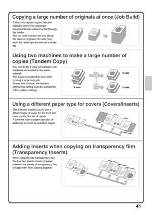 Page 4341
Copying a large number of originals at once (Job Build)
Using two machines to make a large number of 
copies (Tandem Copy)
Using a different paper type for covers (Covers/Inserts)
Adding inserts when copying on transparency film
(Transparency Inserts)
A stack of originals higher than the 
indicator line on the automatic 
document feeder cannot be fed through 
the feeder.
The job build function lets you divide 
the stack of originals into sets, feed 
each set, and copy the sets as a single 
job.
You...