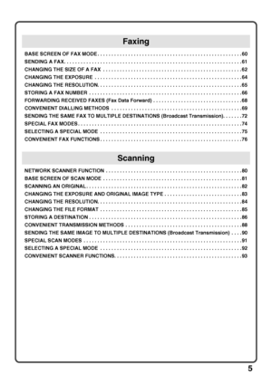 Page 75
BASE SCREEN OF FAX MODE . . . . . . . . . . . . . . . . . . . . . . . . . . . . . . . . . . . . . . . . . . . . . . . . . . . . 60
SENDING A FAX. . . . . . . . . . . . . . . . . . . . . . . . . . . . . . . . . . . . . . . . . . . . . . . . . . . . . . . . . . . . . . . . 61
CHANGING THE SIZE OF A FAX  . . . . . . . . . . . . . . . . . . . . . . . . . . . . . . . . . . . . . . . . . . . . . . . . . . 62
CHANGING THE EXPOSURE  . . . . . . . . . . . . . . . . . . . . . . . . . . . . . . . . . . . . . . ....