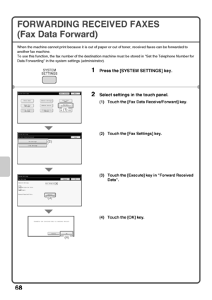 Page 7068
FORWARDING RECEIVED FAXES
(Fax Data Forward)
When the machine cannot print because it is out of paper or out of toner, received faxes can be forwarded to 
another fax machine.
To use this function, the fax number of the destination machine must be stored in Set the Telephone Number for 
Data Forwarding in the system settings (administrator).
1Press the [SYSTEM SETTINGS] key.
2Select settings in the touch panel.
(1) Touch the [Fax Data Receive/Forward] key.
(2) Touch the [Fax Settings] key.
(3) Touch...